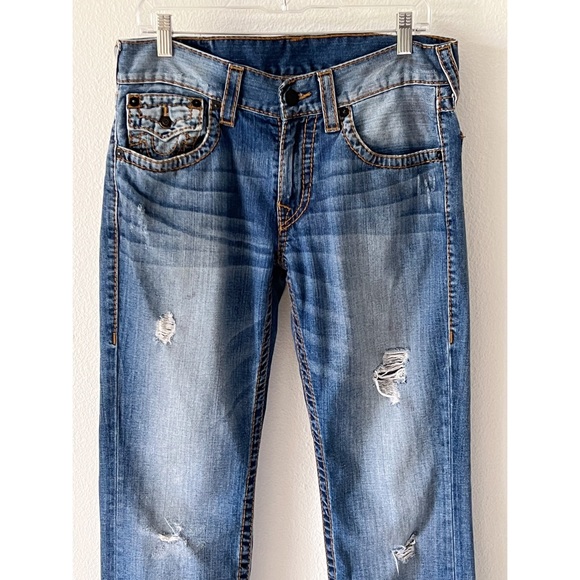 True Religion Big T Straight Flap Red Orange Stitch Distressed Denim Blue Jeans - Picture 3 of 16
